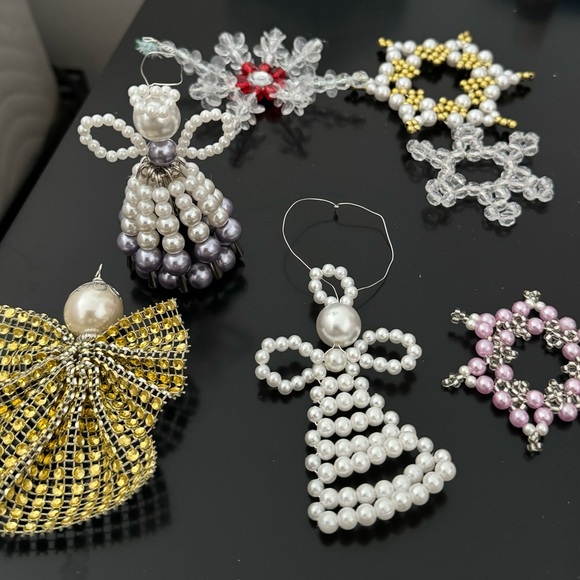 Handmade Christmas ornaments set of 7: 3 angels & 4 stars beaded pearled white - Picture 14 of 16